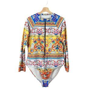 Womens Long Sleeve Multi Color One Piece Surf Swimsuit Summer Casual 3XL